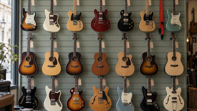 Un mur de magasin garni de guitares accrochées par la tête