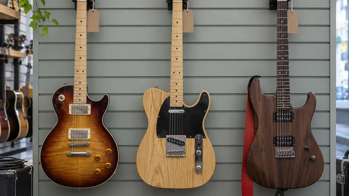 Trois guitares électriques Bacchus posées côte à côte sur un fond de bois clair, une Strat érable, une Tele et une double pan coupé en noyer