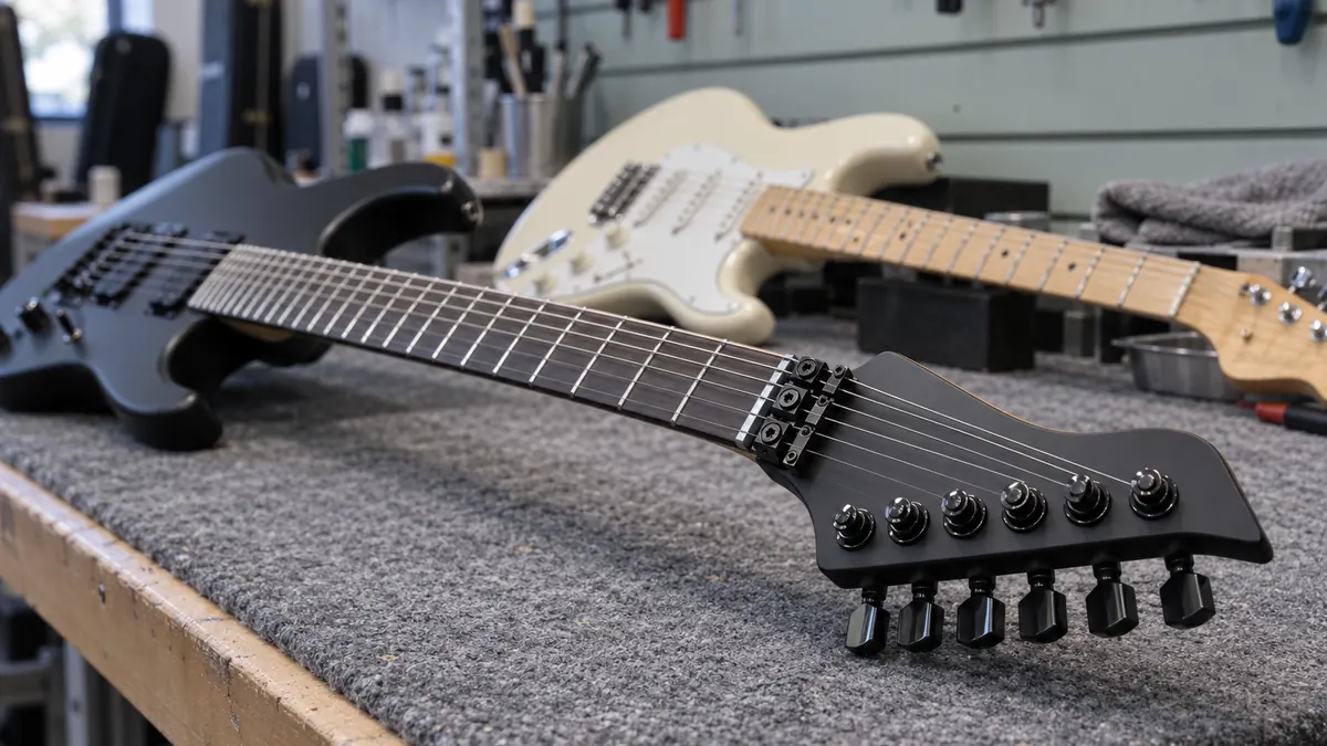 Une guitare électrique noire satinée à 24 frettes et une Strat à touche érable posées sur un établi, mécaniques à blocage en gros plan